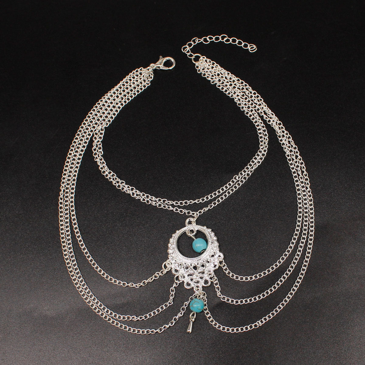 Bohemian Multi Layer Tassel Turquoise and Silver Anklet