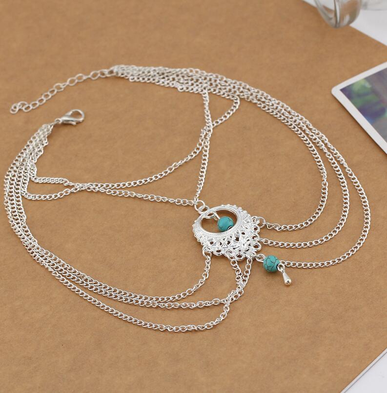 Bohemian Multi Layer Tassel Turquoise and Silver Anklet