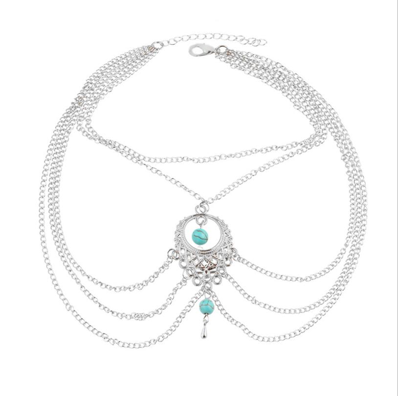 Bohemian Multi Layer Tassel Turquoise and Silver Anklet